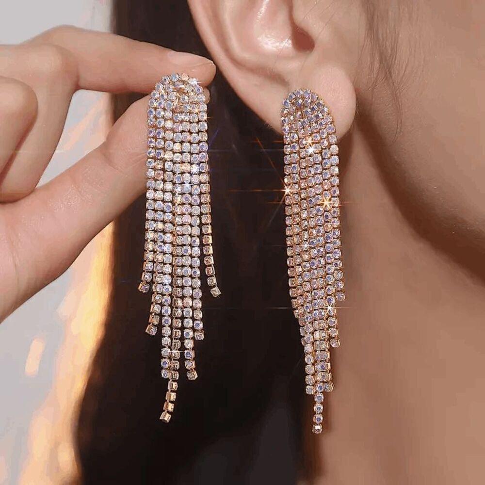 Elegant Diamond Golden Tassel Dangle Earrings